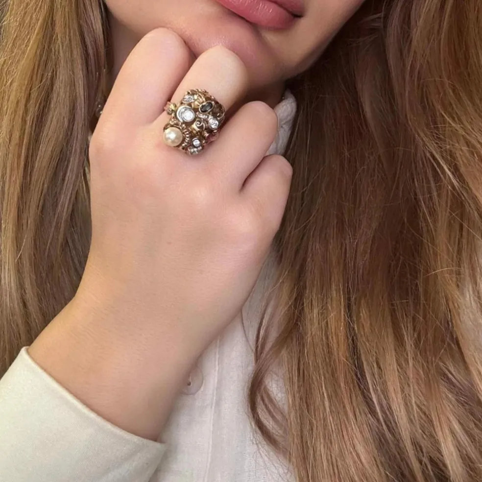 Bague Cocktail Vintage Or Jaune Tutti Frutti