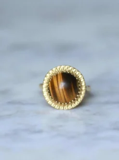 Bague cocktail vintage or jaune et quartz oeil de tigre
