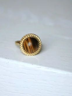 Bague cocktail vintage or jaune et quartz oeil de tigre