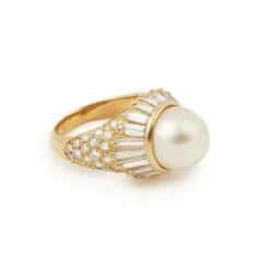 Bague cocktail vintage perle diamants or jaune