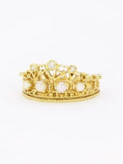 Bague couronne or jaune diamants perles