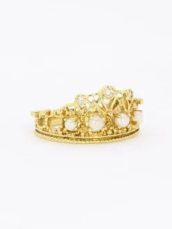 Bague couronne or jaune diamants perles