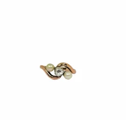 Bague croisée antique avec diamant naturel et deux perles en or jaune et rose