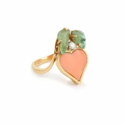 Bague cœur corail émeraudes diamant or jaune