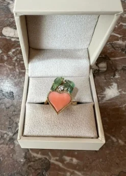 Bague cœur corail émeraudes diamant or jaune