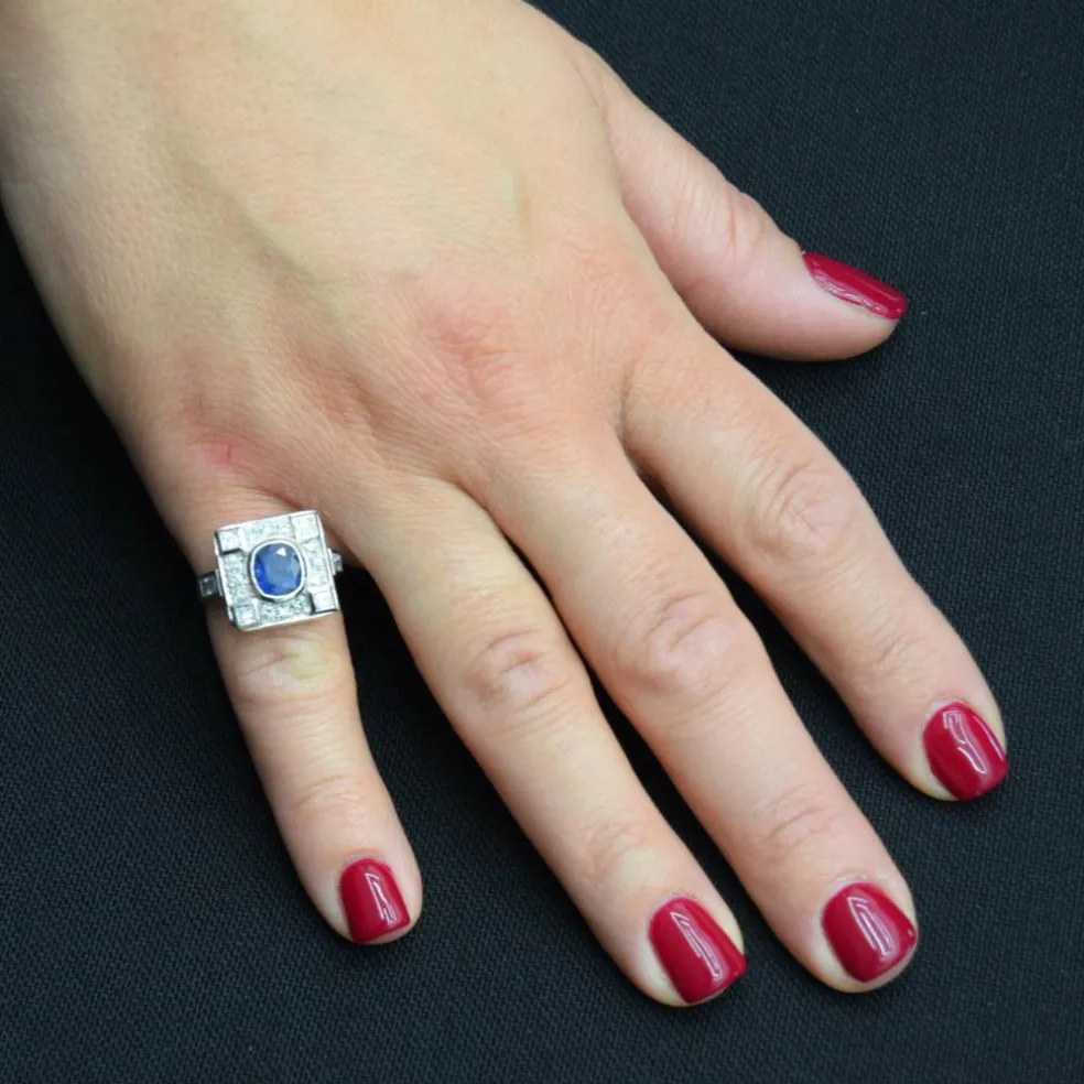 BAGUE DÉCO' - OR BLANC 18 KT - SAPHIR et DIAMANTS