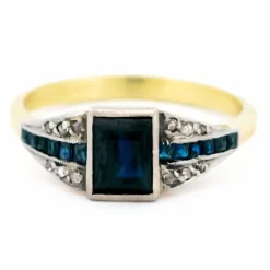 Bague déco en or jaune 14 carats avec diamants et saphirs