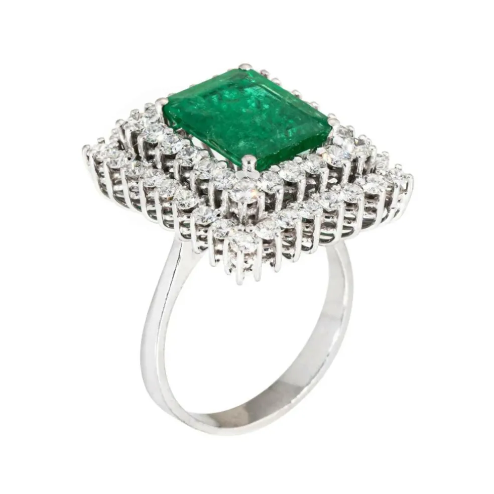 Bague de cocktail carrée en or blanc 18 carats avec diamants et émeraude