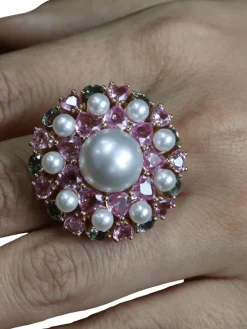 Bague de cocktail Perles Saphirs de couleur
