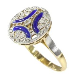 Bague de fiançailles diamant Art Déco avec émail bleu