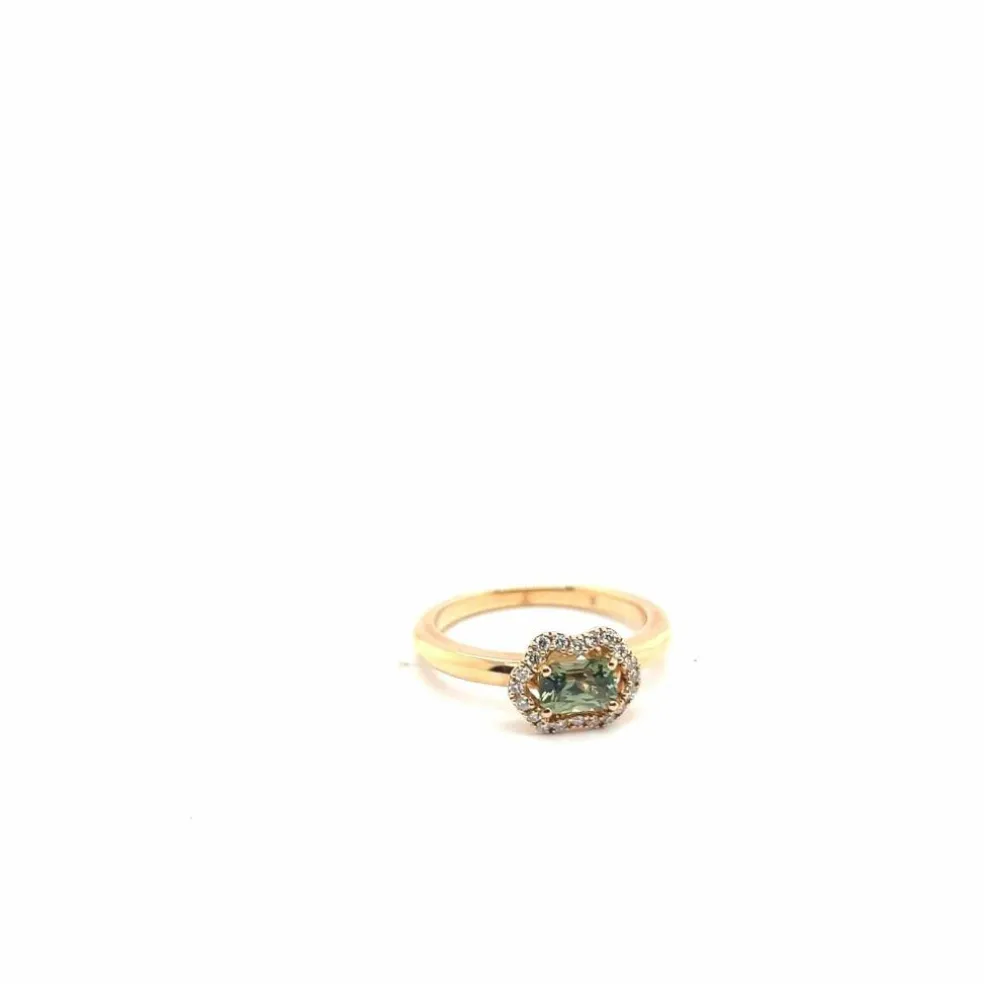 Bague de fiançailles française en or rose, saphir vert et diamants