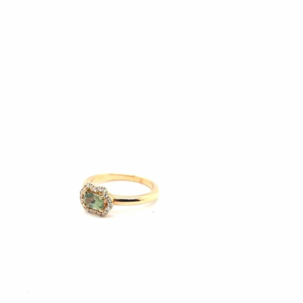 Bague de fiançailles française en or rose, saphir vert et diamants