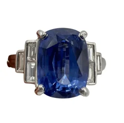 Bague de Fiançailles Saphir, diamants" Baguette" & or blanc