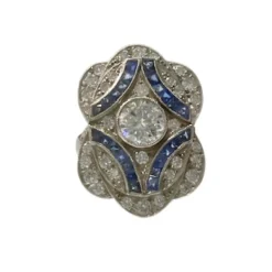 Bague de style Art Déco en platine sterling avec diamants et saphirs