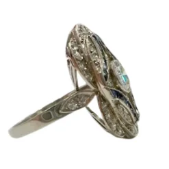 Bague de style Art Déco en platine sterling avec diamants et saphirs