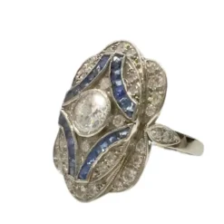 Bague de style Art Déco en platine sterling avec diamants et saphirs