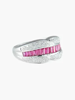Bague demi-jonc rubis baguette rails or blanc