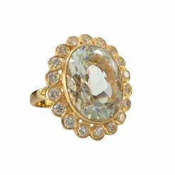 Bague design Art Déco contemporaine en or jaune, diamants et aigue-marine