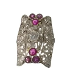 Bague design art déco en or 18 carats avec diamants et rubis