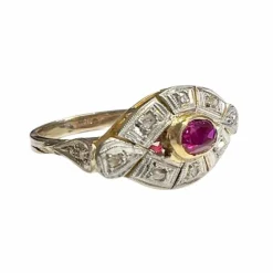 Bague design Art Déco en or 18 kt avec diamants et rubis synthétique