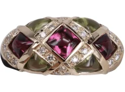 Bague diamant avec tourmaline verte et rose