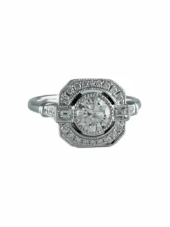 Bague Diamant 1.01ct, pavage diamant 0.43ct, or blanc 18ct, esprit Art Déco, bague carrée