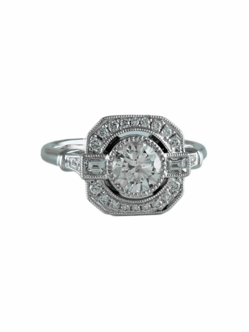 Bague Diamant 1.01ct, pavage diamant 0.43ct, or blanc 18ct, esprit Art Déco, bague carrée