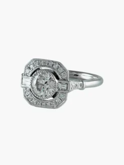 Bague Diamant 1.01ct, pavage diamant 0.43ct, or blanc 18ct, esprit Art Déco, bague carrée