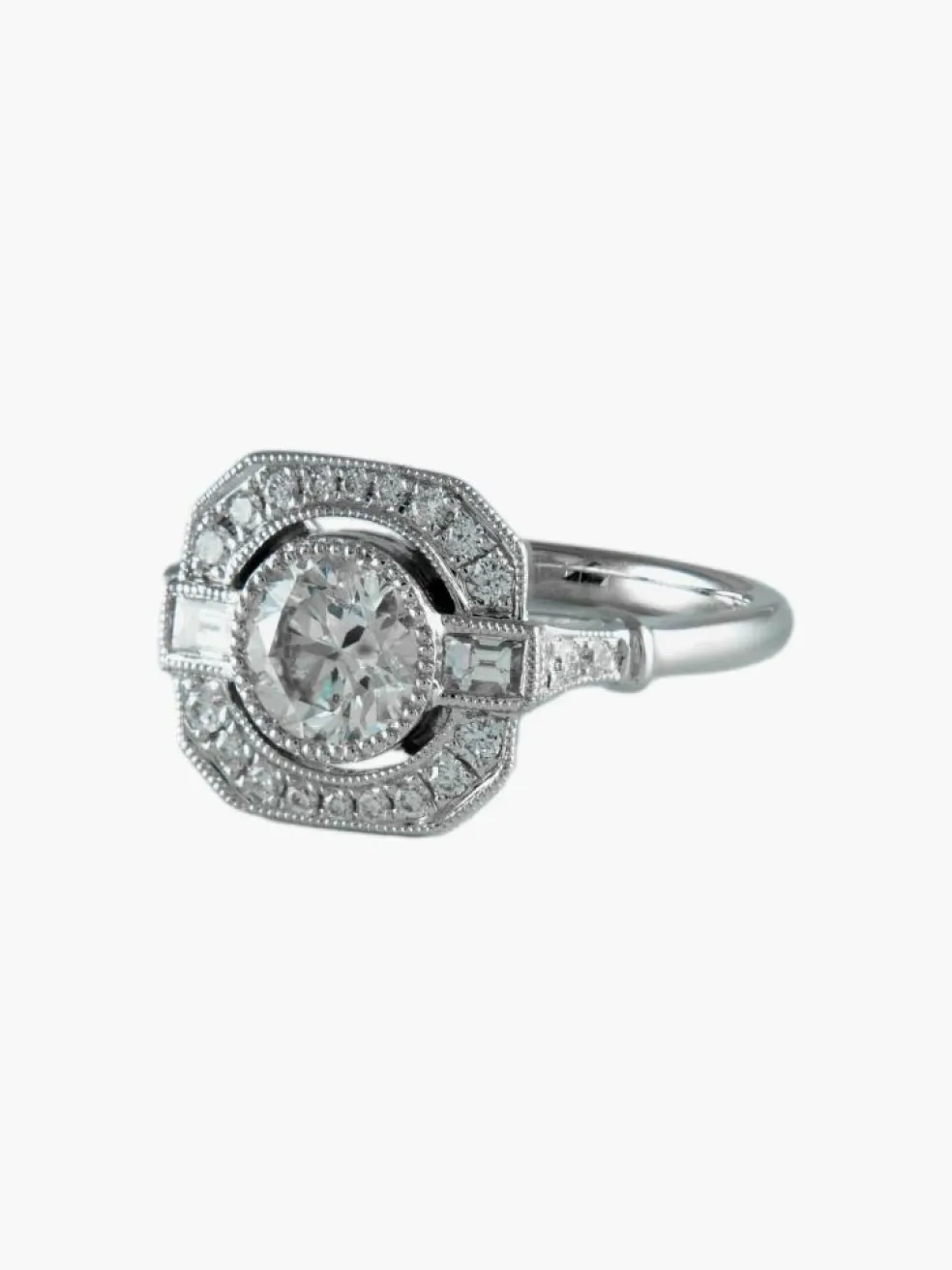 Bague Diamant 1.01ct, pavage diamant 0.43ct, or blanc 18ct, esprit Art Déco, bague carrée