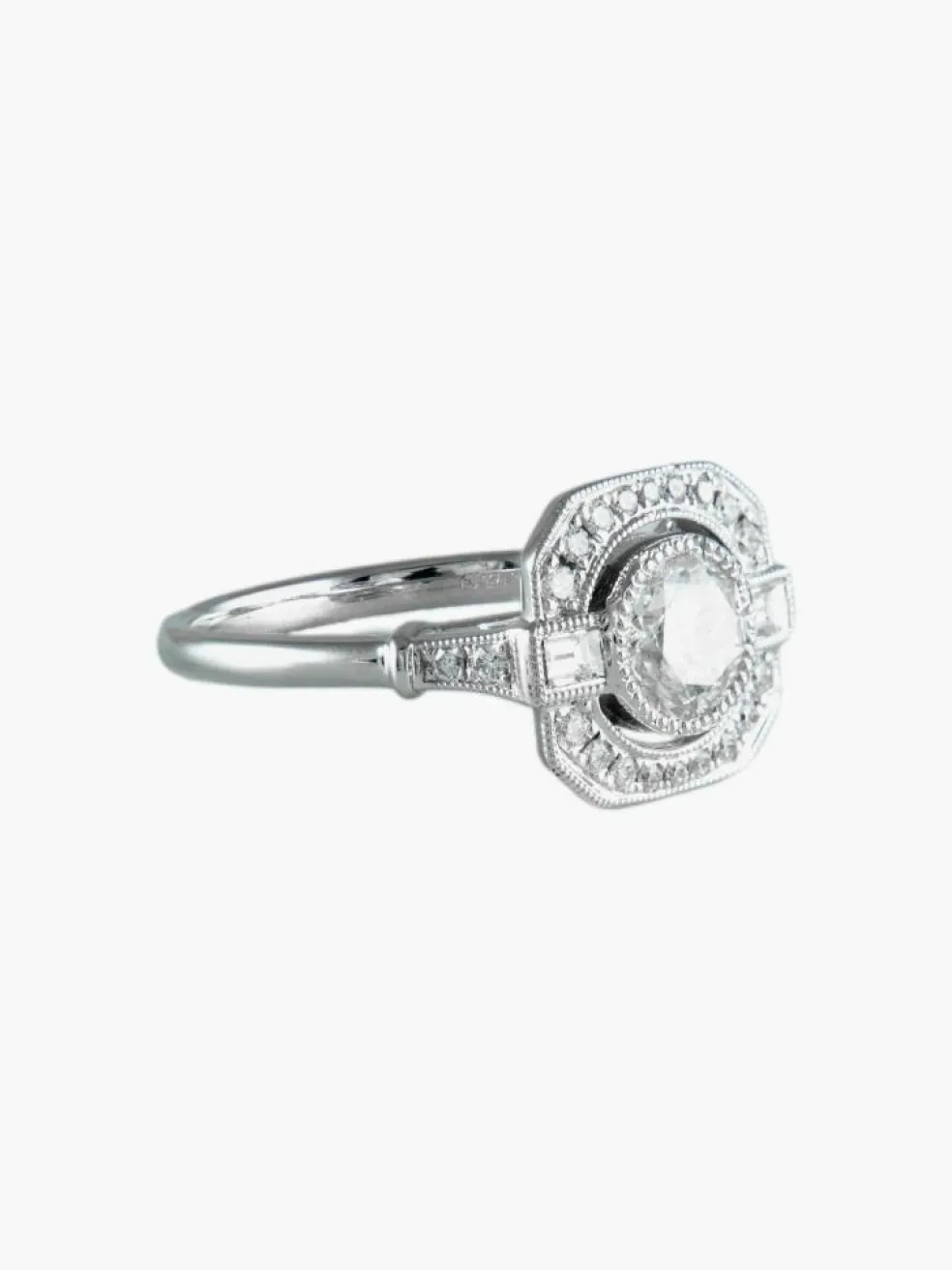 Bague Diamant 1.01ct, pavage diamant 0.43ct, or blanc 18ct, esprit Art Déco, bague carrée