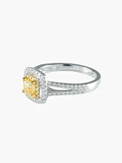 Bague diamant jaune carrée et diamants or blanc