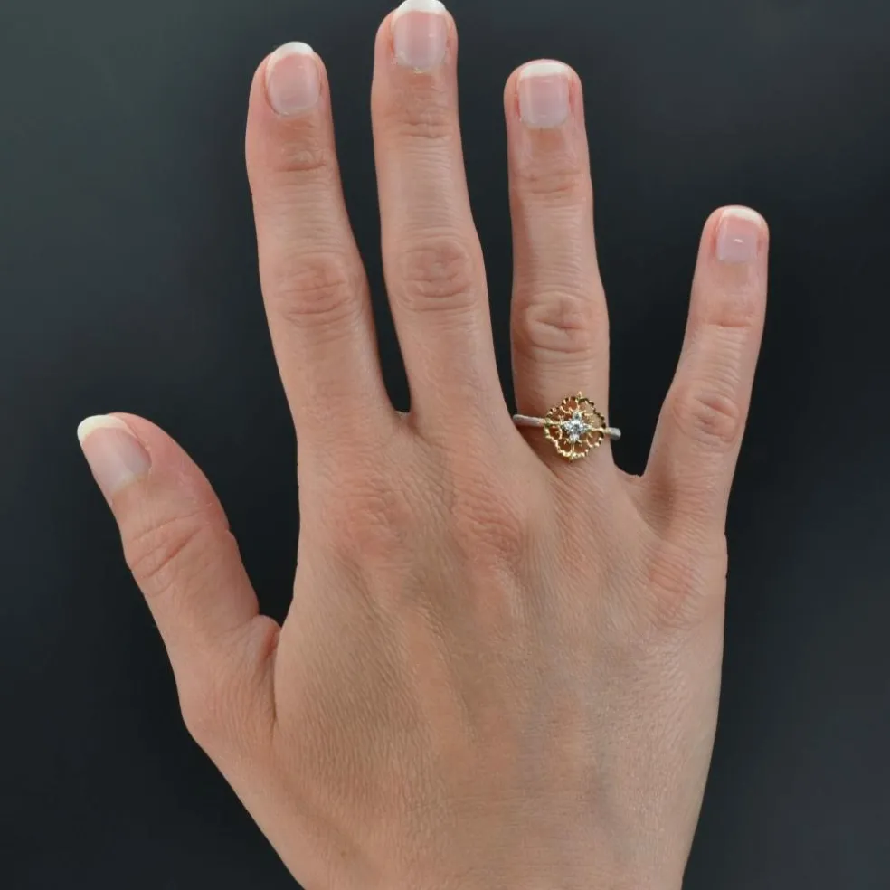 Bague diamants ors jaune et blanc arabesques petit modèle