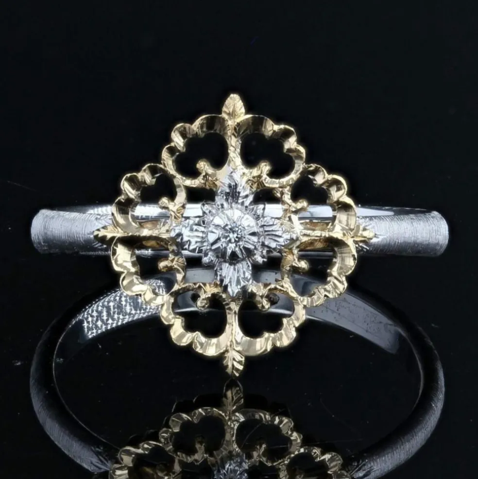 Bague diamants ors jaune et blanc arabesques petit modèle
