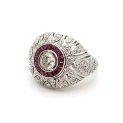 Bague Dôme Art Déco Diamants Rubis Platine