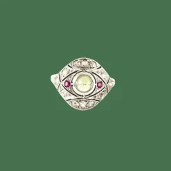 Bague dôme Art Déco diamants rubis péridot