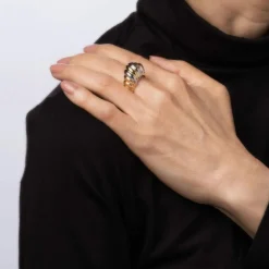 Bague Dôme Cannelé Vintage Platine Et Or Jaune Cocktail Bicolore