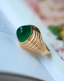 Bague Dôme Or Jaune et Calcédoine Cabochon