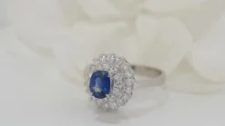 Bague double entourage en or blanc, saphir et diamants