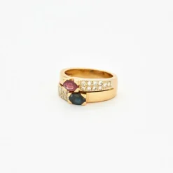 Bague double godrons saphir, rubis et diamants