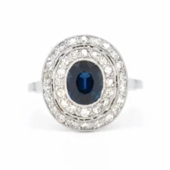 Bague Double Halo, Art Déco, Or 18 Carats, Saphir et Diamants
