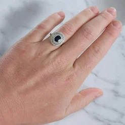 Bague Double Halo, Art Déco, Or 18 Carats, Saphir et Diamants