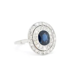 Bague Double Halo, Art Déco, Or 18 Carats, Saphir et Diamants