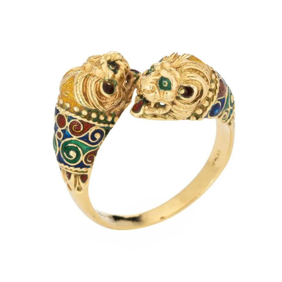 Bague Double Lion en Or Jaune, Bande de Contournement des Yeux en Émail