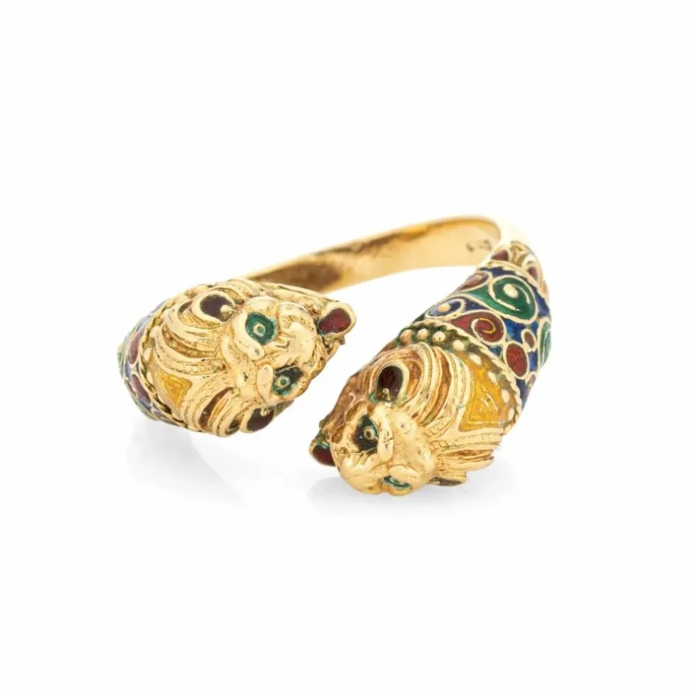 Bague Double Lion en Or Jaune, Bande de Contournement des Yeux en Émail