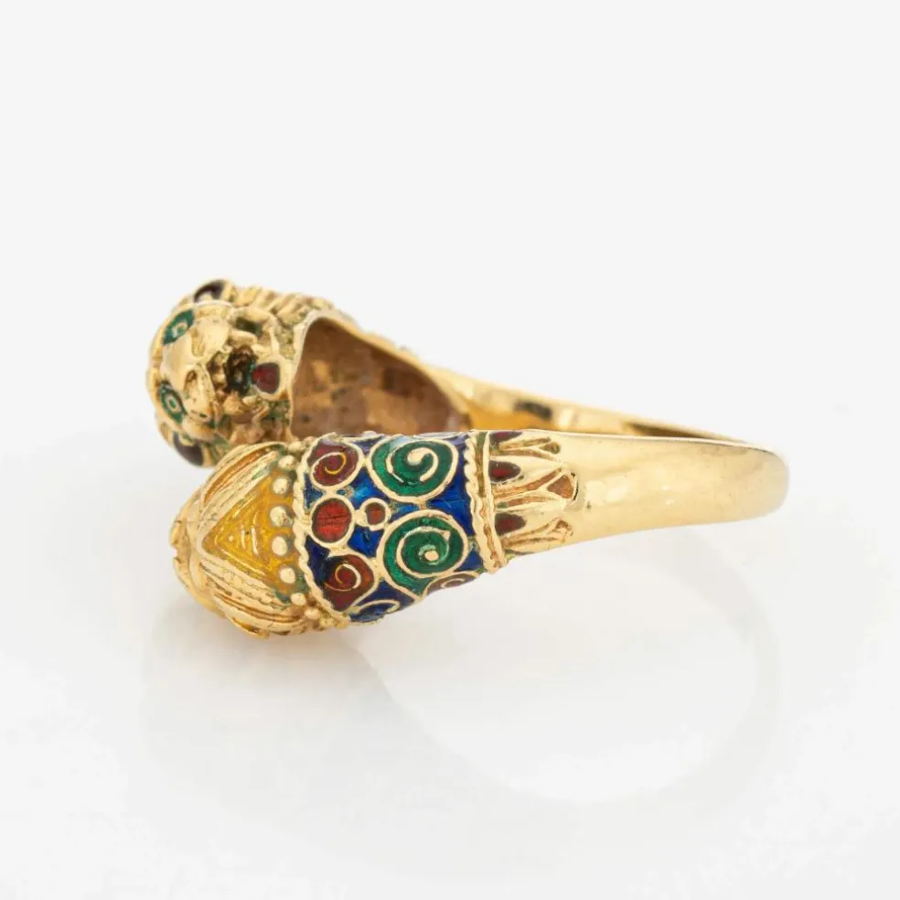 Bague Double Lion en Or Jaune, Bande de Contournement des Yeux en Émail