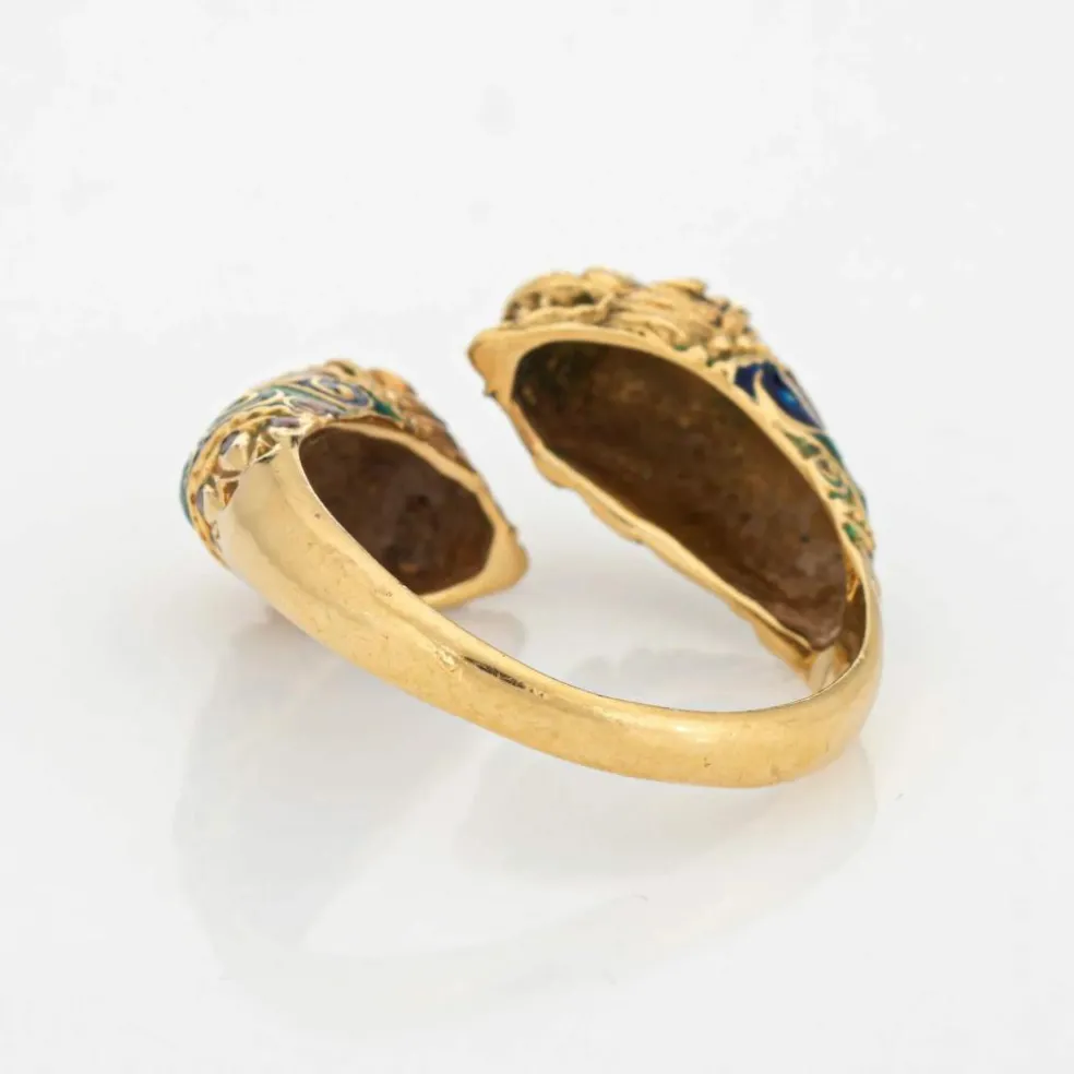 Bague Double Lion en Or Jaune, Bande de Contournement des Yeux en Émail