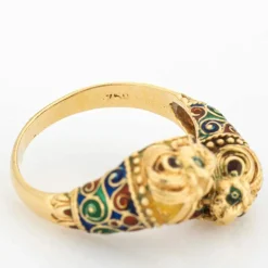 Bague Double Lion en Or Jaune, Bande de Contournement des Yeux en Émail