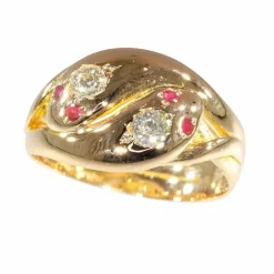 Bague double serpent de l'époque victorienne : symbole d'éternité avec diamants et rubis