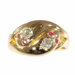 Bague double serpent de l'époque victorienne : symbole d'éternité avec diamants et rubis