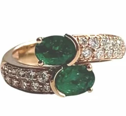 Bague Duo d'Émeraudes et de Diamants en Or Rose